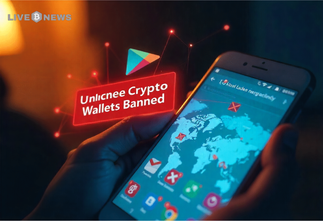 Google Play mandates licenses for crypto wallets in 15 regions, sparking backlash over non-custodial wallet restrictions and developer burdens.