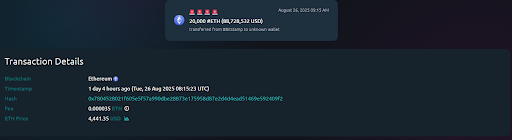 Whale alert data shows massive ETH accumulation | Source: Whale Alert