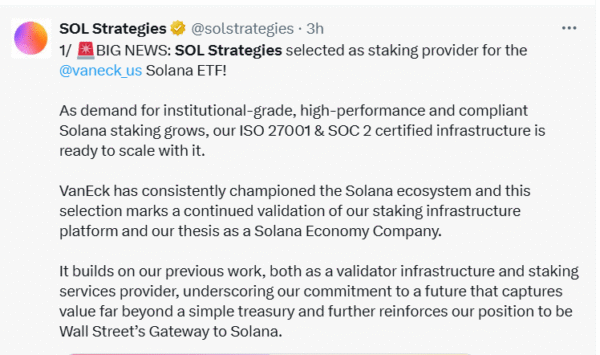 Solana News: VanEck Taps SOL Strategies to Stake Its Solana ETF