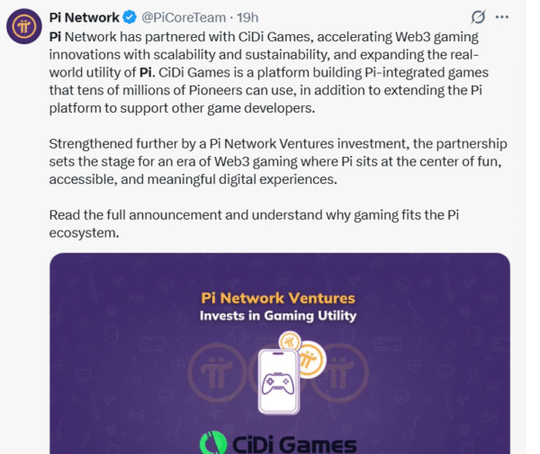 Pi Network collaborated with CiDi Games to boost Web3 gaming, enhancing utility and scalability. This expands Pi’s real-world applications.