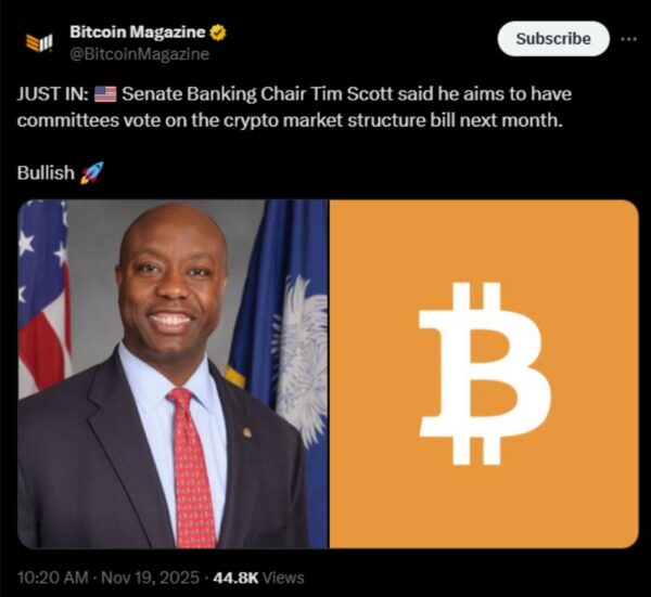 Senator Tim Scott is pushing for a committee vote on the crypto market structure bill 