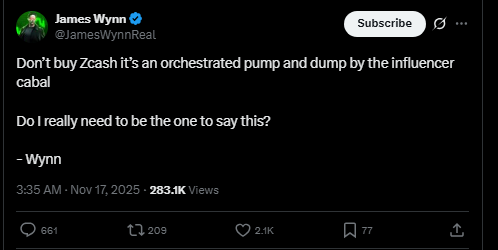 Zcash News: Zcash Influencer Cabal Sparks James Wynn Warn