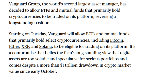 Vanguard’s shift permits regulated crypto ETFs on its platform, expanding access for millions while excluding memecoin-linked funds.