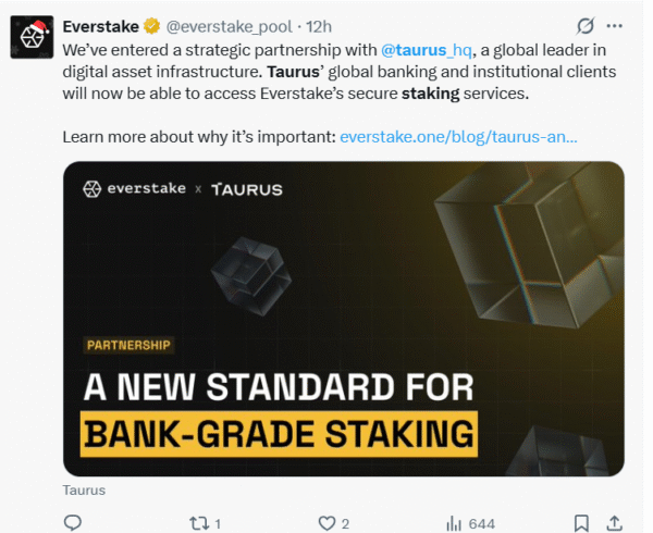 Taurus expands regulated staking access through an Everstake partnership, enabling banks to engage with key proof-of-stake networks.