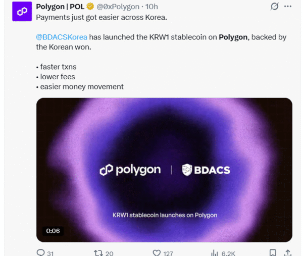 BDACS deploys KRW1 on Polygon to enhance speed, transparency, and multi-chain stablecoin adoption across global payment ecosystems.