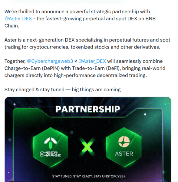 CyberCharge joins with Aster to integrate advanced decentralized trading features into its DePIN network, expanding global Web3 participation opportunities today.