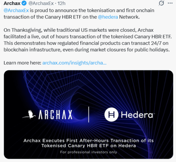 Archax Executes First Onchain Canary HBR ETF Trade on Hedera