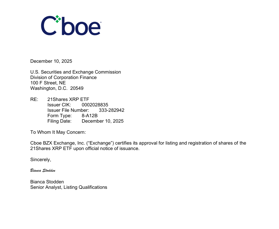 Cboe BZX Exchange approved the 21Shares XRP ETF for listing. This decision was revealed in a new SEC filing. The product is now ready for immediate launch.