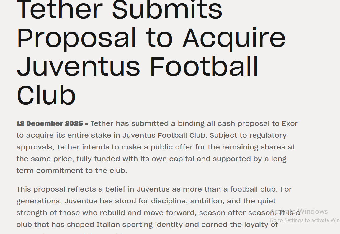 Tether submits a binding all-cash bid for Juventus, pledges major investment, while Exor rejects selling and control remains unchanged.
