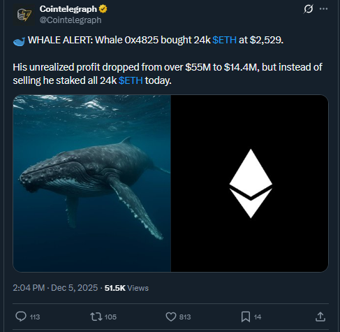 Whale Locks 24K ETH Despite $40M Loss