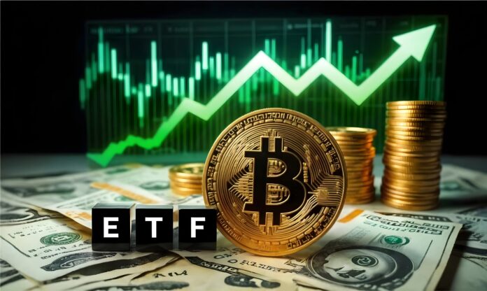 A-golden-bitcoin-cryptocurrency-coin-in-front-of-a Bitcoin and Ethereum prices remain under pressure as spot ETF inflows return