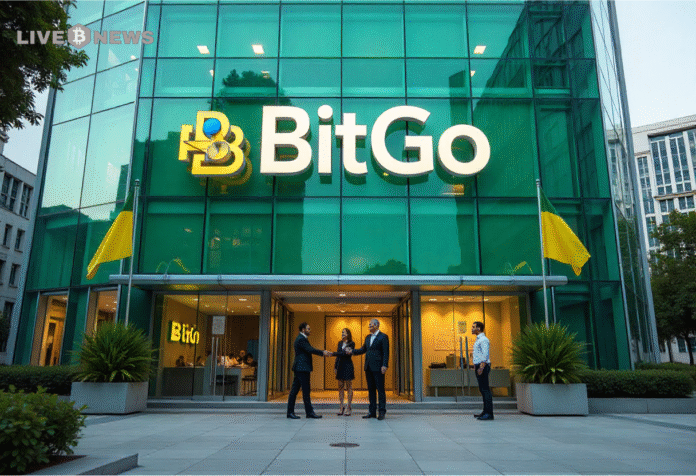 BitGo logo displayed near a stock market screen as the crypto custody firm prices its IPO above range and prepares for NYSE trading.