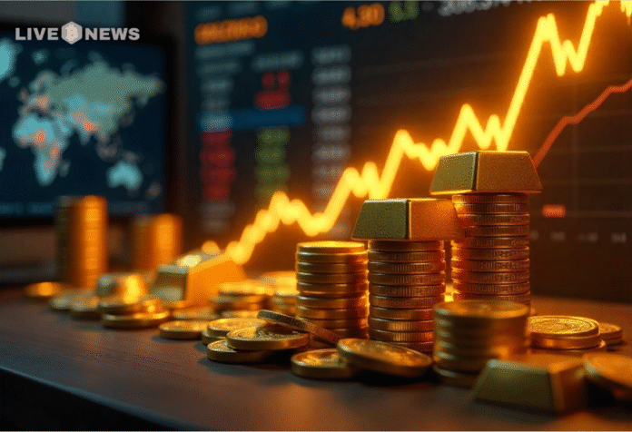 Gold bars stored in a Hong Kong vault alongside a digital blockchain interface representing tokenized fund units.