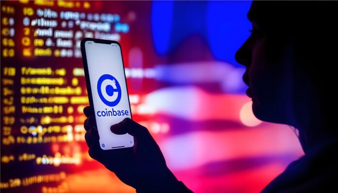 Coinbase logo displayed on a screen representing the crypto exchange’s role in U.S. digital asset regulation talks