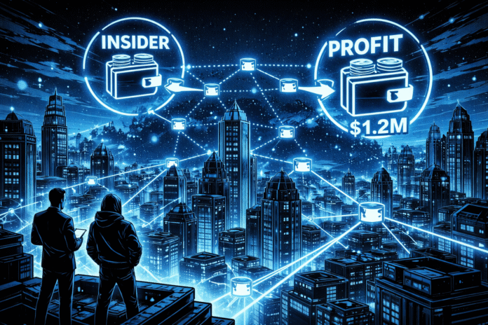 Retro-futuristic comic scene of a neon-blue blockchain city with glowing wallet nodes linking an insider source to a $1.2M profit above the skyline.
