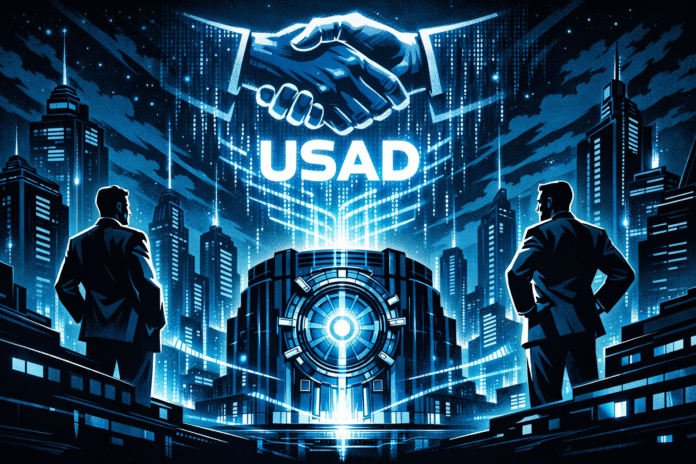 A retro-futuristic blue-toned cityscape shows a glowing vault at the center, two silhouetted figures on rooftops, and a giant holographic handshake above a radiant USAD symbol.