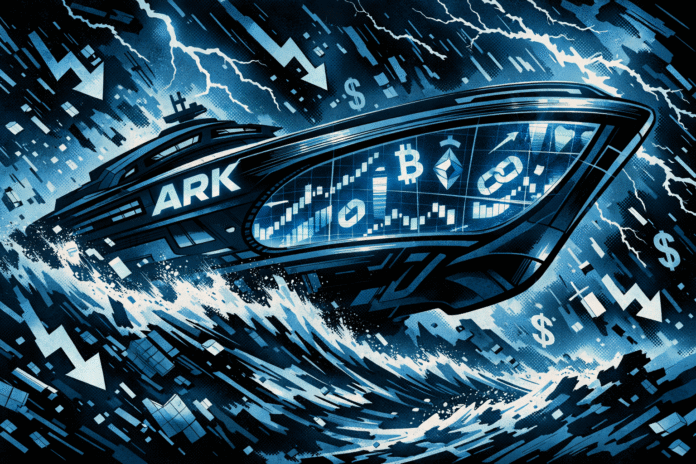 A retro-futuristic ark-shaped spacecraft labeled ARK slices through a blue-and-black digital storm of falling market charts and dollar symbols, glowing with crypto data inside.
