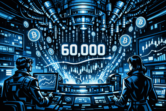 A retro-futuristic comic scene shows two analysts in a blue-lit control room watching a giant machine project Bitcoin symbols, binary code, and a glowing 60,000 price level above a rising chart line.