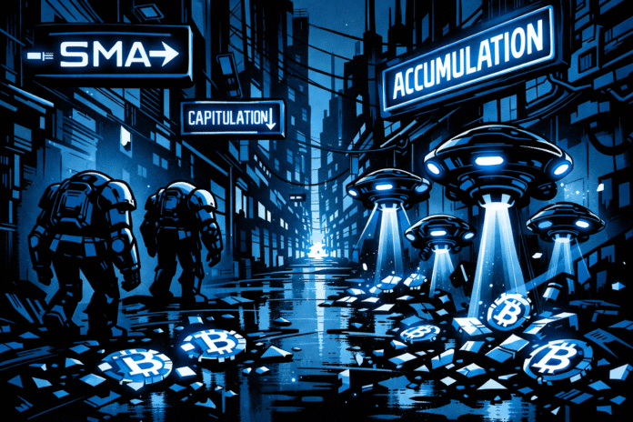 A retro-futuristic blue-and-black alley shows defeated bear-like robots walking away as glowing drones collect scattered Bitcoin coins beneath neon market signs.