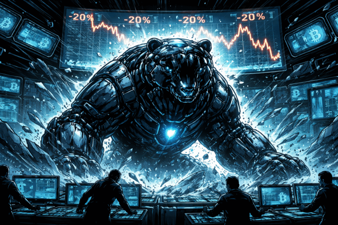 A massive cybernetic bear with glowing blue circuitry bursts through a futuristic trading floor as shattered screens and plunging Bitcoin charts flash repeated 20% drops in the background.