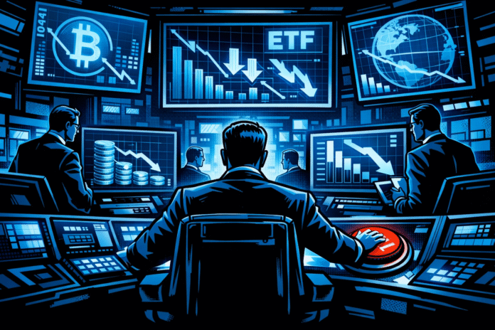 BTC ETF Flow A retro-futuristic comic-style control room in blue and black tones shows suited institutional figures monitoring falling Bitcoin and ETF charts as a central figure presses a glowing red sell button.