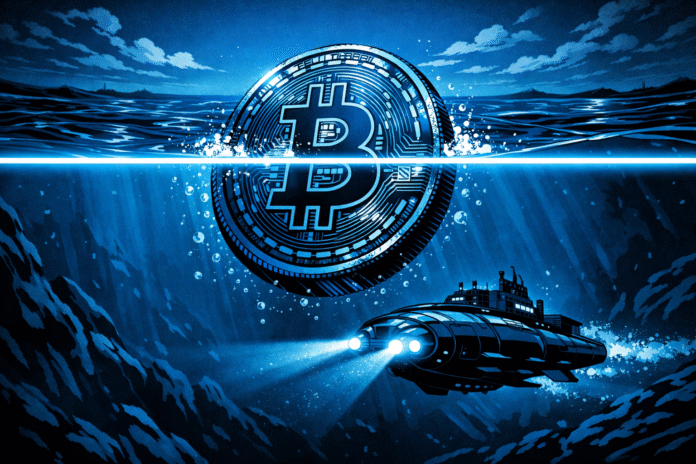 A glowing Bitcoin coin sinks beneath a bright horizontal line in a dark blue ocean while a sleek futuristic submarine cruises calmly below with headlights cutting through the deep.