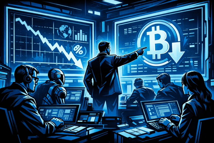 A retro-futuristic trading room in blue and black tones shows analysts watching a large holographic Bitcoin symbol and a downward market chart as a lead figure points at the screen.