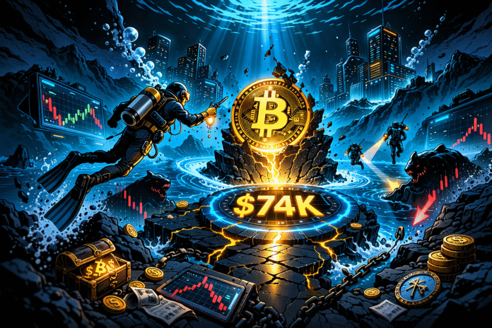 Bitcoin and Ether glow underwater as divers approach a bright $74K beacon, with shark silhouettes circling in the dark ocean depths.
