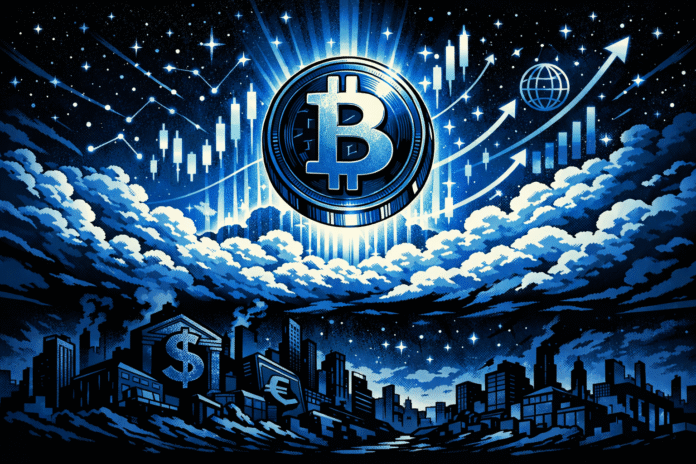 Bitcoin glows above dark clouds and a shadowed city of fading fiat symbols, with rising charts and arrows cutting through the blue-lit sky.