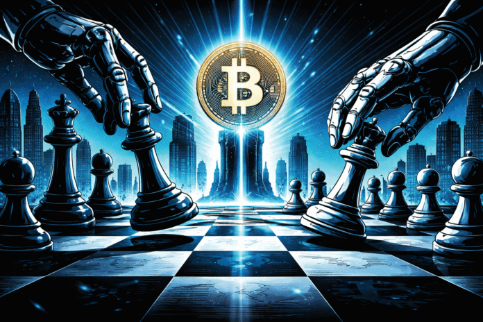 A glowing Bitcoin coin hovers above a futuristic chessboard as robotic hands move towering black and white pieces under intense blue light.