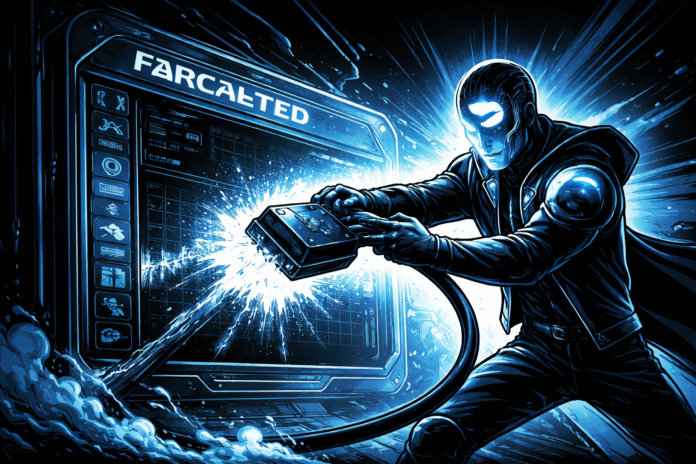 A retro-futuristic comic scene shows a glowing digital figure forcefully unplugging a cable from a Farcaster feed screen as blue sparks burst across a dark interface.