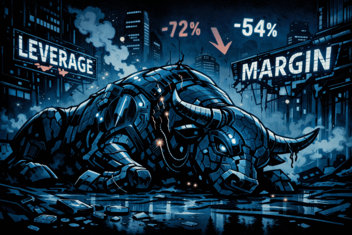 Bitcoin and crypto are symbolized by a shattered cybernetic bull collapsed in a dark futuristic city, surrounded by broken financial signs and falling market indicators in blue and black tones.