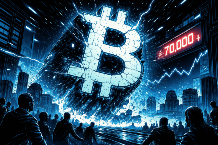 A giant cracked Bitcoin symbol crashes into a neon city, glowing blue as digital debris and shocked silhouettes fill the foreground.