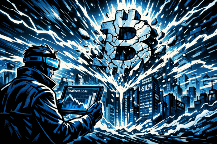 A retro-futuristic comic scene shows a shattered Bitcoin symbol exploding above a dark blue cyber city as a lone analyst studies a falling market chart on a glowing tablet.