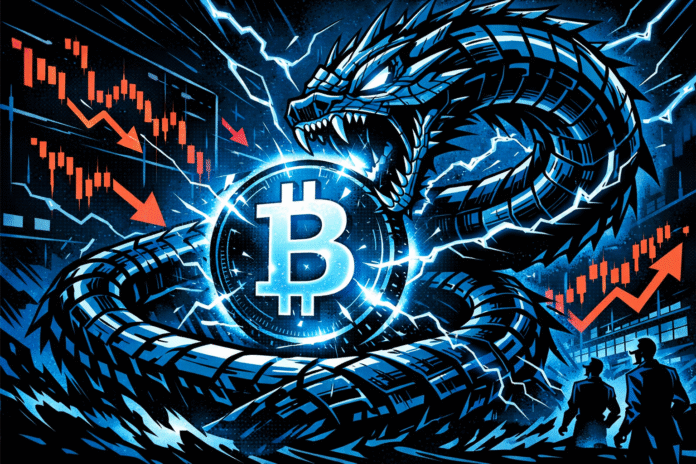 A glowing Bitcoin coin is coiled by a jagged mechanical serpent made of chart lines, with red downward arrows and lightning flashing across a dark blue comic-style trading backdrop.