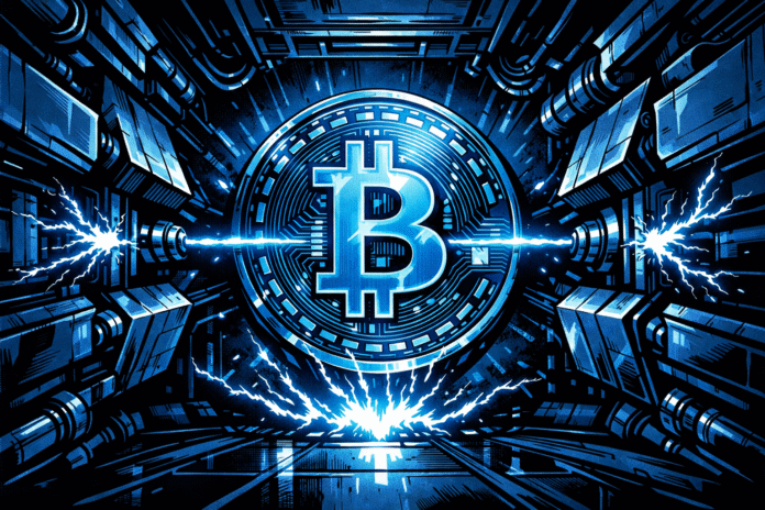 Bitcoin News (2) A glowing Bitcoin coin is suspended inside a futuristic chamber as mechanical walls close in and blue electricity surges around it.
