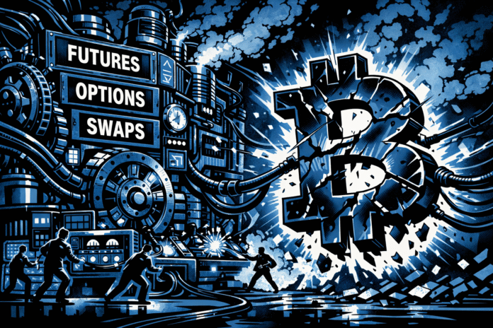 A retro-futuristic comic scene shows a towering Wall Street machine labeled futures, options, and swaps feeding power into a cracked Bitcoin symbol as analysts scramble below amid sparks and cables.