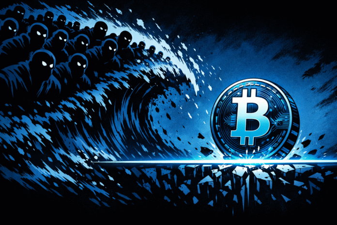 A glowing blue Bitcoin symbol stands on a fragile support line as a massive dark wave of shadowy figures crashes toward it in a high-contrast retro comic style.