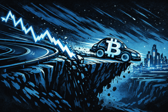 A blue-and-black comic scene shows a Bitcoin car skidding at a cliff’s edge as a stock market line plunges into darkness.