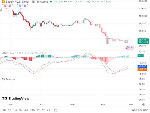 Bitcoin rebounds toward $68K on the daily chart. 