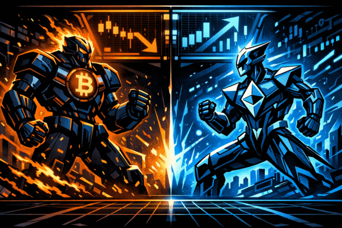 A retro-futuristic comic scene shows a fiery Bitcoin armored warrior facing a sleek blue Ethereum warrior in a digital arena, with contrasting price charts glowing behind them.