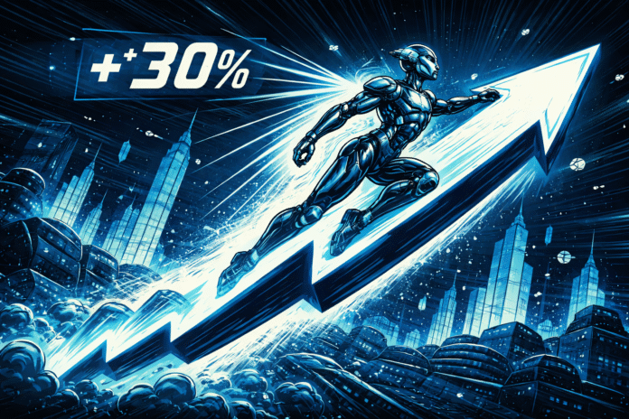 Bittensor TAO is represented by a sleek humanoid robot riding a glowing upward arrow above a futuristic blue city, with bold comic-style lines highlighting a sharp surge.