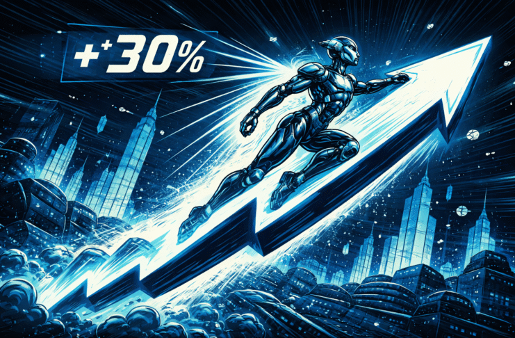 TAO is represented by a sleek humanoid robot riding a glowing upward arrow above a futuristic blue city, with bold comic-style lines highlighting a sharp surge.