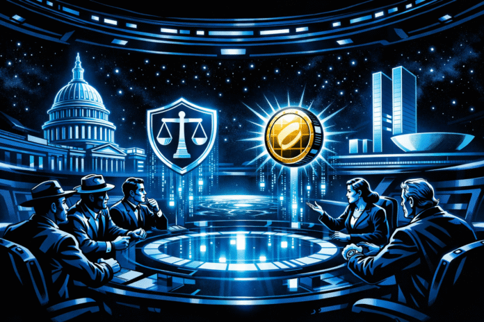 Brazil and U.S. lawmakers face each other around a glowing circular table in a retro-futuristic space council, with holograms of national capitals, justice symbols, and digital currency suspended in blue-black light.