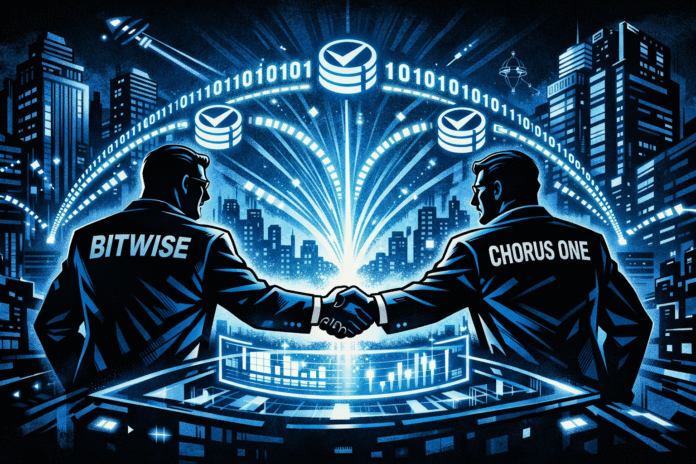 Two suited figures labeled Bitwise and Chorus One shake hands over a glowing holographic table as blue digital data arcs across a futuristic city skyline.