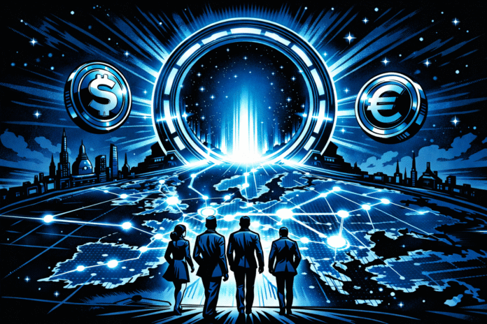 ByBit EU A retro-futuristic blue-and-black comic scene shows four silhouetted figures facing a glowing portal above a digital map of Europe, with dollar and euro coin symbols floating on either side.