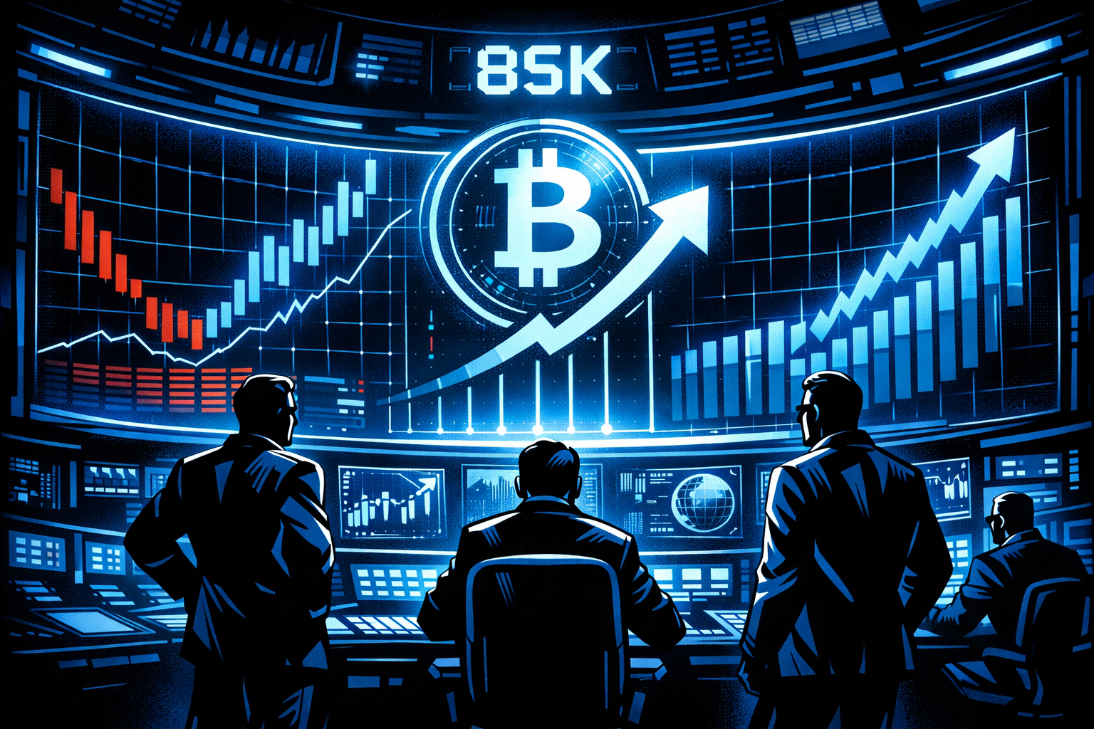 Silhouetted traders stand in a futuristic blue-lit control room facing massive curved screens showing a glowing Bitcoin symbol and a sharp upward market chart toward 85K.
