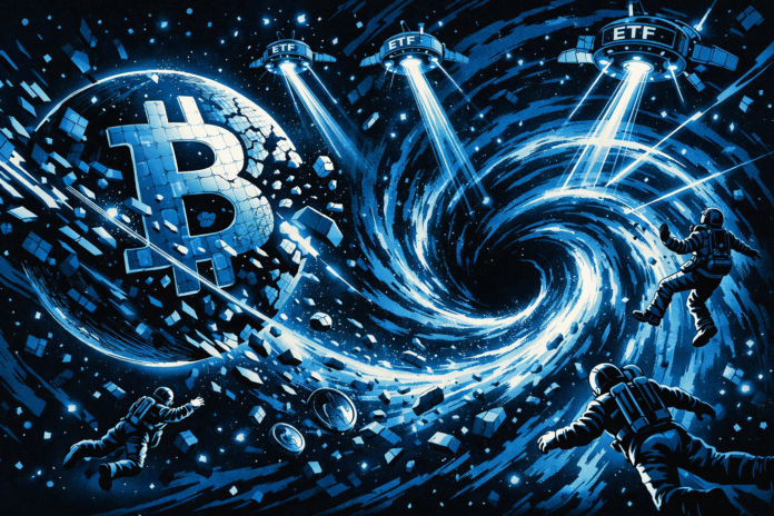 Crypto themed space scene showing a glowing Bitcoin-shaped planet shattering as it is pulled into a swirling blue-black vortex, with astronauts drifting nearby and ETF satellites beaming light into space.