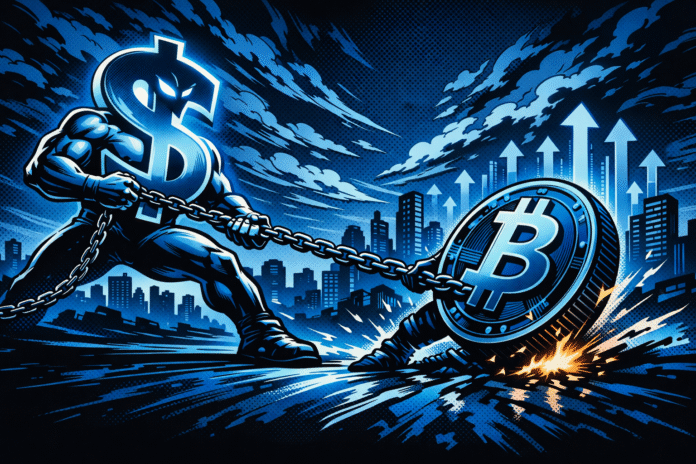 Crypto showdown in a futuristic city Bitcoin faces pressure from ETF outflows and dollar strength despite gains in global stock markets.
