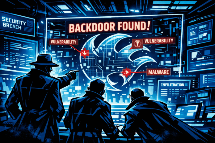 Cybersecurity analysts in a futuristic control room flag hidden backdoors in an OpenClaw plugin display.